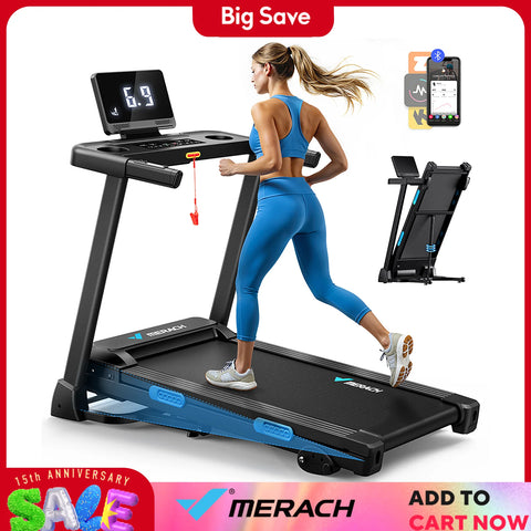 MERACH Foldable Treadmill with Incline 0.8-12km/H Walking Pad Save Space LED Display APP Heart Rate Monitoring 16.5" Wider Belt
