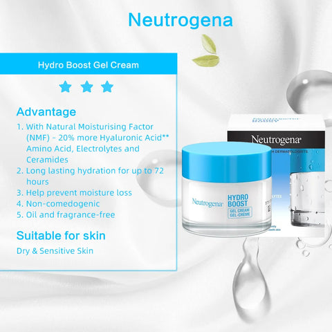 Neutrogena Hydro Boost Gel Cream 50ML, For dry skin, Long lasting 72h, Hyaluronic Acid, Oil & fragrance-free,hydrated & glowing