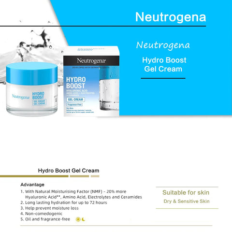 Neutrogena Hydro Boost Gel Cream 50ML, For dry skin, Long lasting 72h, Hyaluronic Acid, Oil & fragrance-free,hydrated & glowing