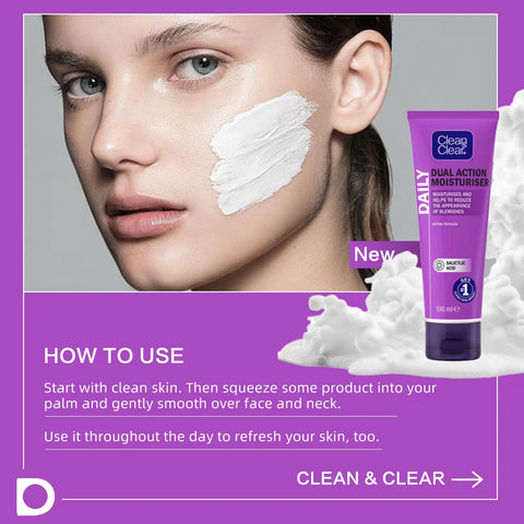 CLEAN & CLEAR Dual Action Moisturiser Salicylic Acid, oil-free, fragrance free, sensitive skin, 100ml 3 Packs