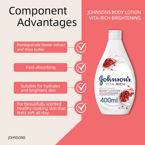 Johnsons Vita-Rich Bright Body Lotion Pomgrnt - 400 ml, pomegranate flower, shea butter, hydrates and brightens skin