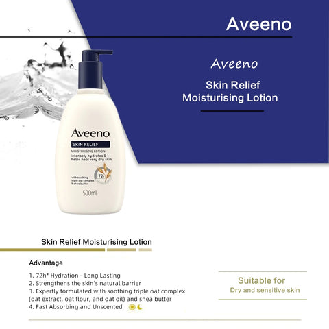 AVEENO SKIN RELIEF MOISTURISING LOTION 500ml, Soothing Triple Oat Complex & Shea Butter, For Sensitive Skin, 72h Intense Hydrati