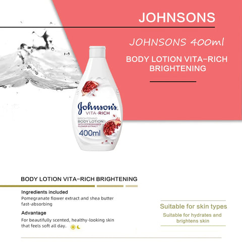 Johnsons Vita-Rich Bright Body Lotion Pomgrnt - 400 ml, pomegranate flower, shea butter, hydrates and brightens skin