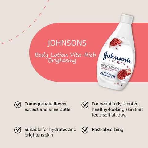 Johnsons Vita-Rich Bright Body Lotion Pomgrnt - 400 ml, pomegranate flower, shea butter, hydrates and brightens skin
