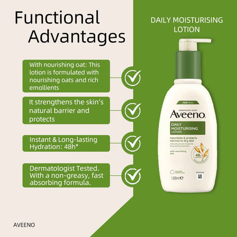 Aveeno Daily Moisturising Body Lotion 500ml, Suitable For Sensitive Skin, With Soothing Oats & Rich Emollients, Long-lasting 48h