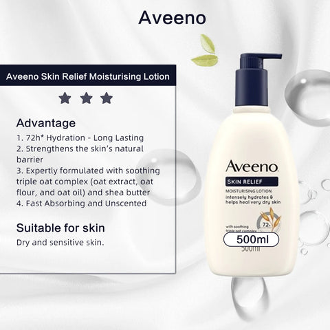 AVEENO SKIN RELIEF MOISTURISING LOTION 500ml, Soothing Triple Oat Complex & Shea Butter, For Sensitive Skin, 72h Intense Hydrati