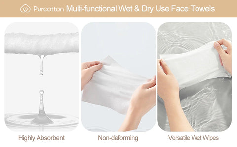 Purcotton Face Wipes, Extra Soft & Thick Face Towel, 60 Pieces/Pack, 3 Packs, Disposable Dry Face Wipes, Dry Baby Towel