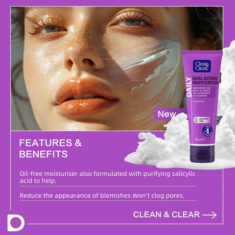 CLEAN & CLEAR Dual Action Moisturiser Salicylic Acid, oil-free, fragrance free, sensitive skin, 100ml 3 Packs