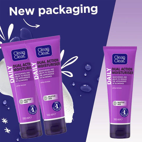 CLEAN & CLEAR Dual Action Moisturiser Salicylic Acid, oil-free, fragrance free, sensitive skin, 100ml 3 Packs