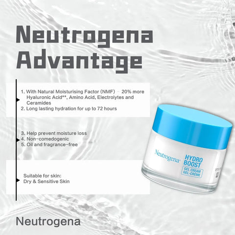 Neutrogena Hydro Boost Gel Cream 50ML, For dry skin, Long lasting 72h, Hyaluronic Acid, Oil & fragrance-free,hydrated & glowing