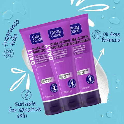 CLEAN & CLEAR Dual Action Moisturiser Salicylic Acid, oil-free, fragrance free, sensitive skin, 100ml 3 Packs