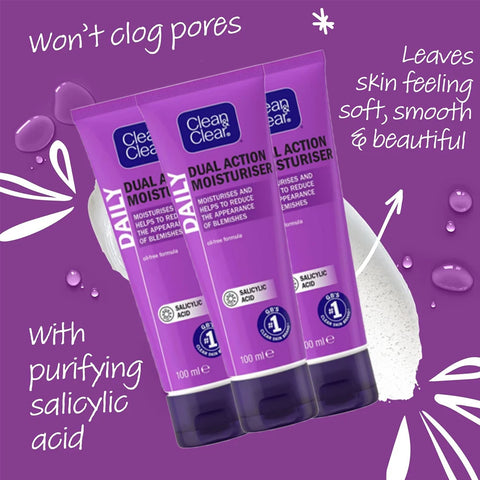 CLEAN & CLEAR Dual Action Moisturiser Salicylic Acid, oil-free, fragrance free, sensitive skin, 100ml 3 Packs