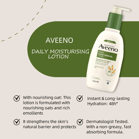 Aveeno Daily Moisturising Body Lotion 500ml, Suitable For Sensitive Skin, With Soothing Oats & Rich Emollients, Long-lasting 48h
