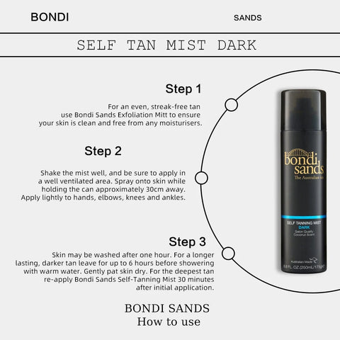 BONDI SANDS SELF TAN MIST DARK  250ML,Natural golden glow, with aloe vera, scent of fresh coconut, long lasting