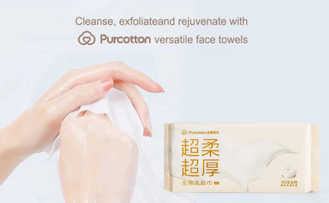 Purcotton Face Wipes, Extra Soft & Thick Face Towel, 60 Pieces/Pack, 3 Packs, Disposable Dry Face Wipes, Dry Baby Towel