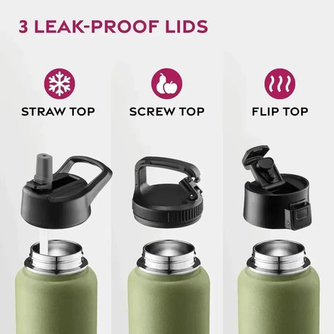 Triple Walled Insulated Water Bottles with Straw  25 Oz Stainless Steel Metal Bottle  Leak Proof Lids  Army Green