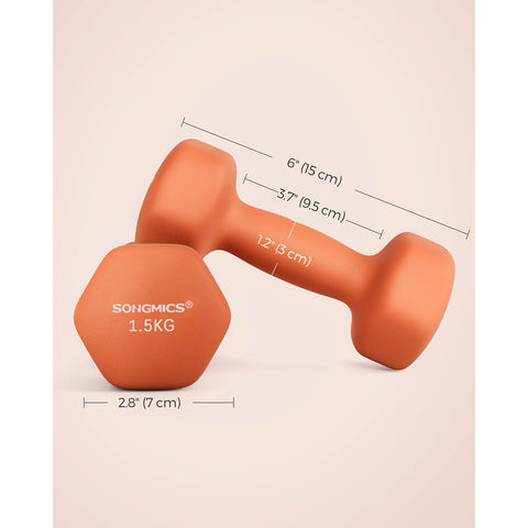 SONGMICS Set of 2 Dumbbells, 2 x 1.5 kg Hand Weights with Neoprene Coating, Hexagonal Dumbbells Pair, Home Workout, Fitness