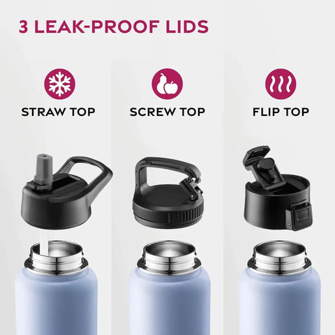 Triple Walled Insulated Water Bottles with Straw 40Oz Stainless Steel Metal Bottle W/ 3 Leak Proof Lids For Travel School Sports