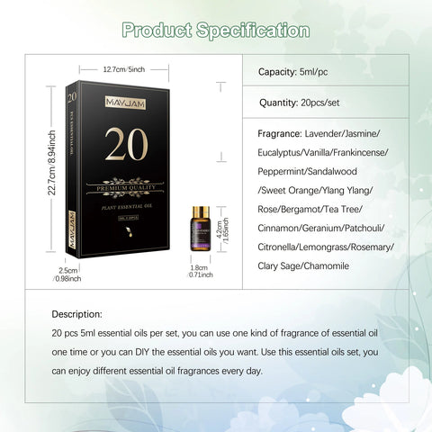 MAYJAM 20 Bottles Essential Oils Kit Set Lavender Jasmine Eucalyptus Vanilla Sandalwood Sweet Orange Geranium Patchouli