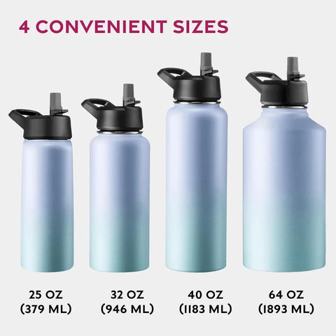 Triple Walled Insulated Water Bottles with Straw 40Oz Stainless Steel Metal Bottle W/ 3 Leak Proof Lids For Travel School Sports