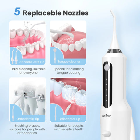 SEJOY Dental Oral Irrigator Water Flosser,5 Nozzles,USB Rechargeable 270ml Tank,Water Floss Teeth Pick Mouth Washing Machine