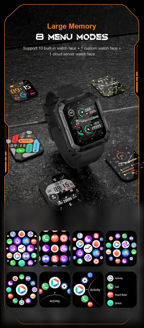 C20Pro Sports Smart Watch Men Bluetooth Call Smartwatch IP68 Waterproof Multi Sports Mode Health Monitoring Military Smartwatch