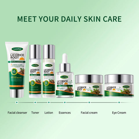 Licorice Root Skin Care Set contains Cleanser, Essence, Face Cream, Lotion,Toner, Eye Cream, Deep Hydration Skincare Gift Set