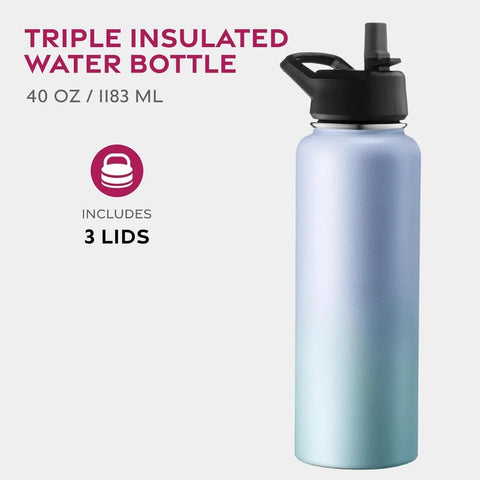 Triple Walled Insulated Water Bottles with Straw 40Oz Stainless Steel Metal Bottle W/ 3 Leak Proof Lids For Travel School Sports