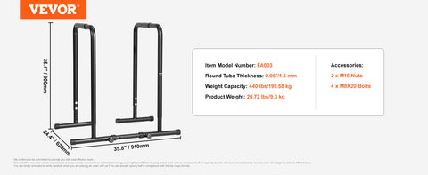 VEVOR Dip Bar 440/500lbs Capacity Heave Duty Dip Stand Station with Adjustable Height Fitness Workout Dip Bar Station Stabilizer